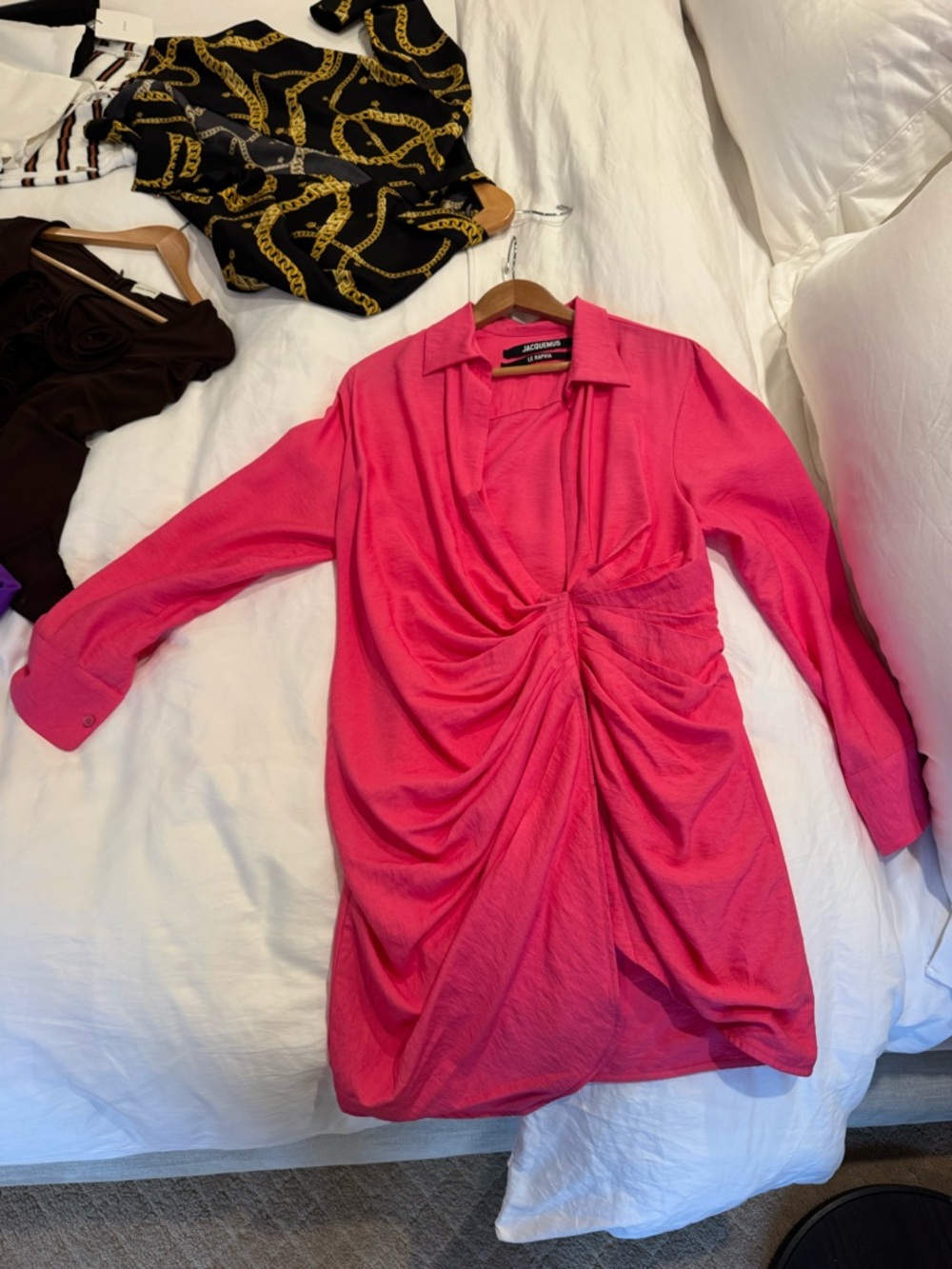 Jacquemus Hot Pink Ruched Long Sleeve Dress